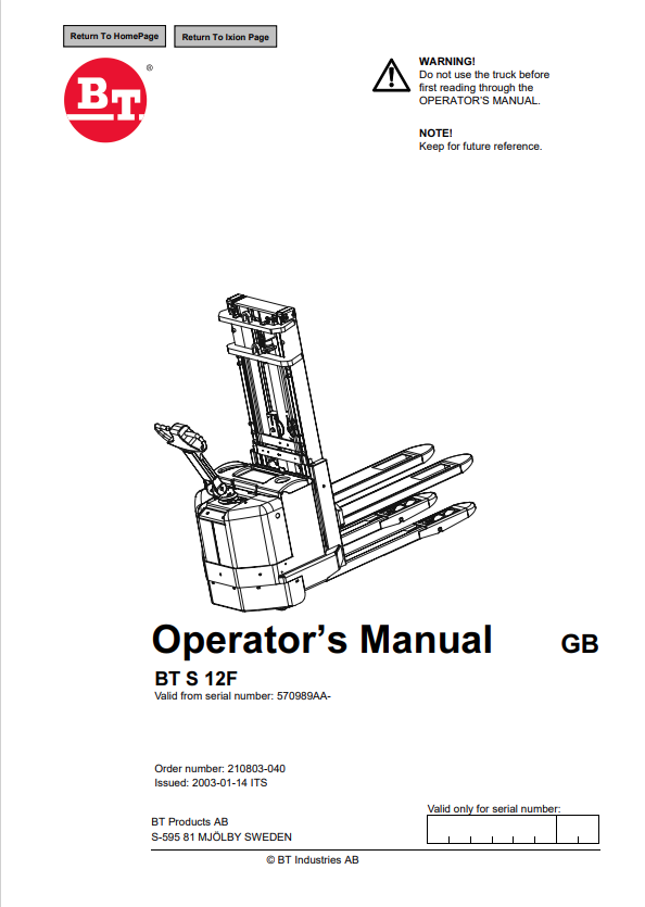 BT FORKLIFT BT S 12F OPERATOR MANUAL PDF
