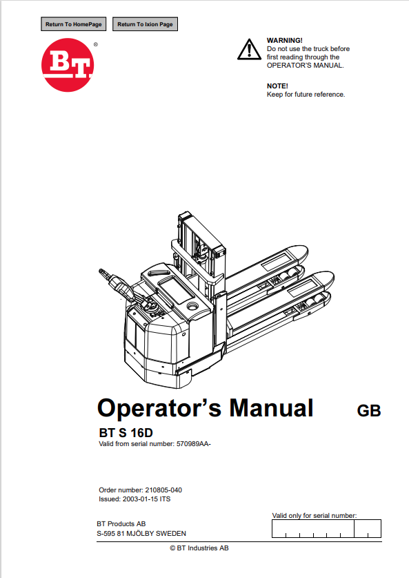 BT FORKLIFT BT S 16D OPERATOR MANUAL PDF