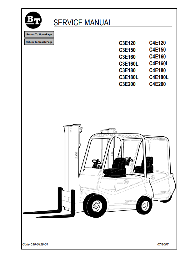 BT FORKLIFT C3E120, C3E150, C3E160, C3E160L, C3E180, C3E180L, C3E200, C4E120, C4E150, C4E160, C4E160L, C4E180, C4E180L, C4E200 SERVICE MANUAL PDF