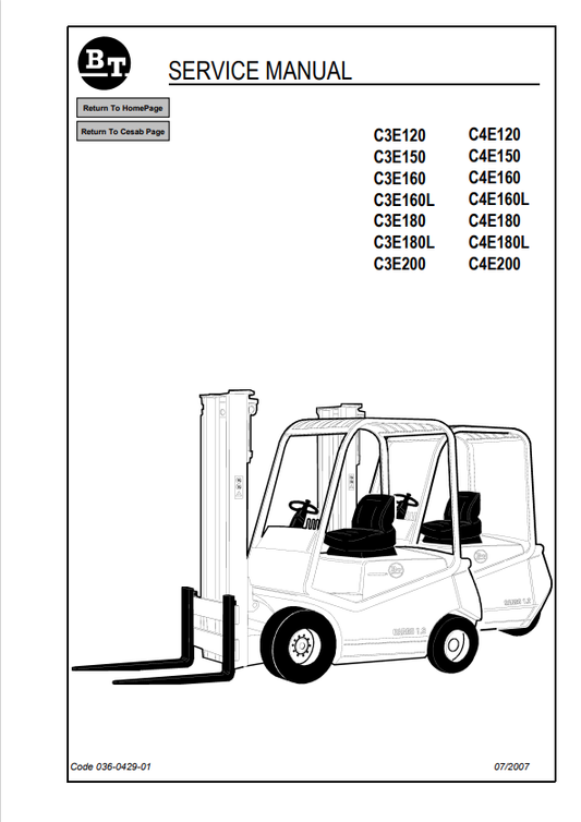 BT FORKLIFT C3E120, C3E150, C3E160, C3E160L, C3E180, C3E180L, C3E200, C4E120, C4E150, C4E160, C4E160L, C4E180, C4E180L, C4E200 SERVICE MANUAL PDF