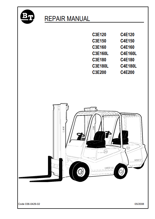 BT FORKLIFT C3E120, C3E150, C3E160, C3E160L, C3E180, C3E180L, C3E200, C4E120, C4E150, C4E160, C4E160L, C4E180, C4E180L, C4E200 REPAIR MANUAL PDF