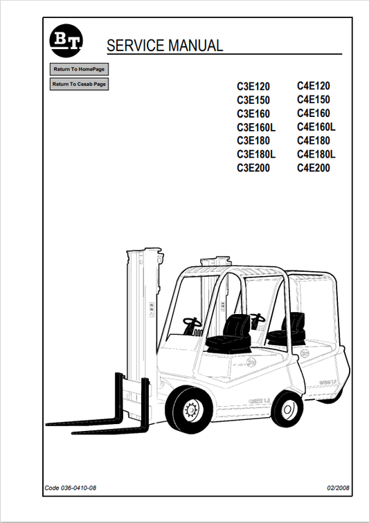 BT FORKLIFT C3E120, C3E150, C3E160, C3E160L, C3E180, C3E180L, C3E200, C4E120, C4E150, C4E160, C4E160L, C4E180, C4E180L, C4E200 SERVICE MANUAL PDF
