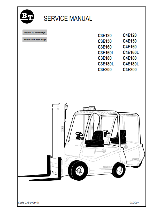 BT FORKLIFT C3E120, C3E150, C3E160, C3E160L, C3E180, C3E180L, C3E200, C4E120, C4E150, C4E160, C4E160L, C4E180, C4E180L, C4E200 SERVICE MANUAL PDF