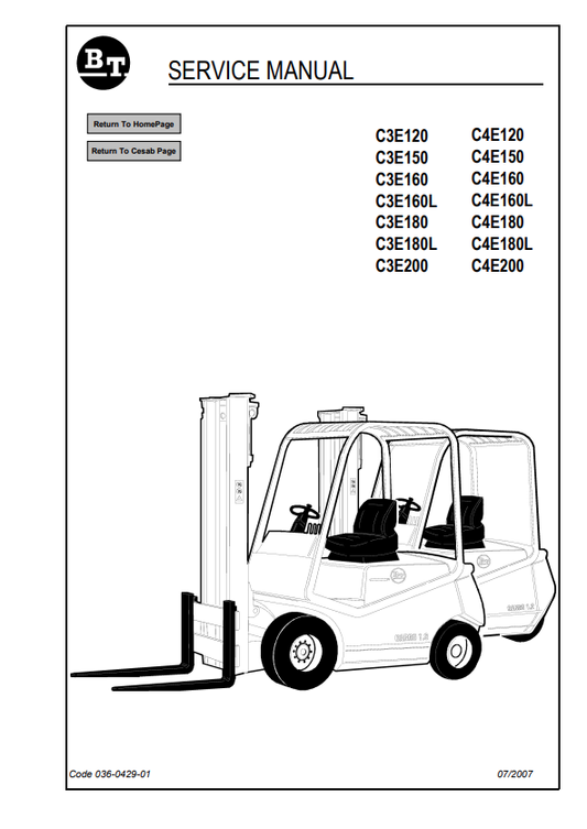 BT FORKLIFT C3E120, C3E150, C3E160, C3E160L, C3E180, C3E180L, C3E200, C4E120, C4E150, C4E160, C4E160L, C4E180, C4E180L, C4E200 SERVICE MANUAL PDF