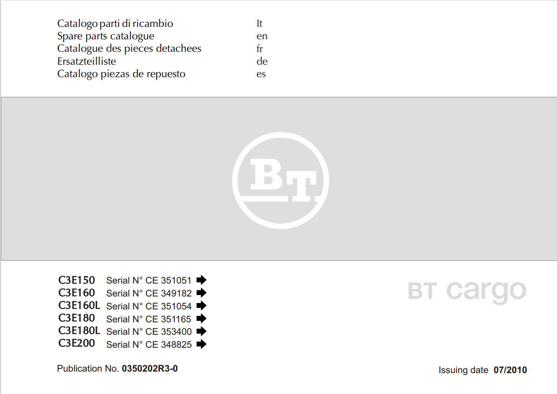BT FORKLIFT CARGO C3E150, C3E160, C3E160L, C3E180, C3E180L, C3E200 SPARE PARTS CATALOGUE MANUAL PDF