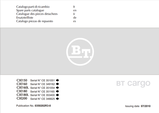 BT FORKLIFT CARGO C3E150, C3E160, C3E160L, C3E180, C3E180L, C3E200 SPARE PARTS CATALOGUE MANUAL PDF