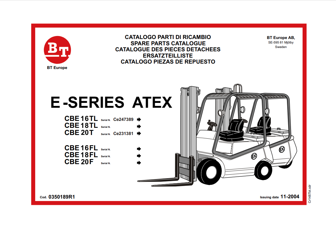 BT FORKLIFT E-SERIES ATEX CBE 16TL, CBE18TL, CBE20T, CBE16FL, CBE18FL, CBE20F SPARE PARTS CATALOGUE MANUAL PDF