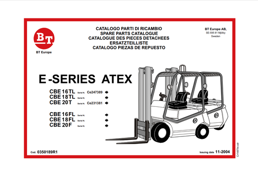 BT FORKLIFT E-SERIES ATEX CBE 16TL, CBE18TL, CBE20T, CBE16FL, CBE18FL, CBE20F SPARE PARTS CATALOGUE MANUAL PDF