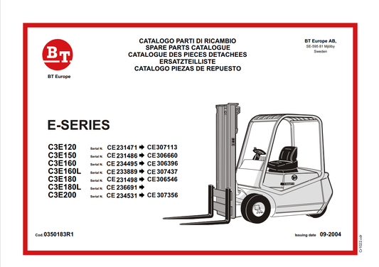 BT FORKLIFT E-SERIES C3E120, C3E150, C3E160, C3E160L, C3E180, C3E180L, C3E200 SPARE PARTS CATALOGUE MANUAL PDF