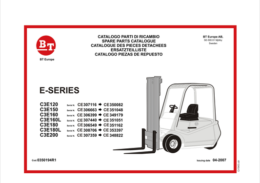 BT FORKLIFT E-SERIES C3E120, C3E150, C3E160, C3E160L, C3E180, C3E180L, C3E200 SPARE PARTS CATALOGUE MANUAL PDF