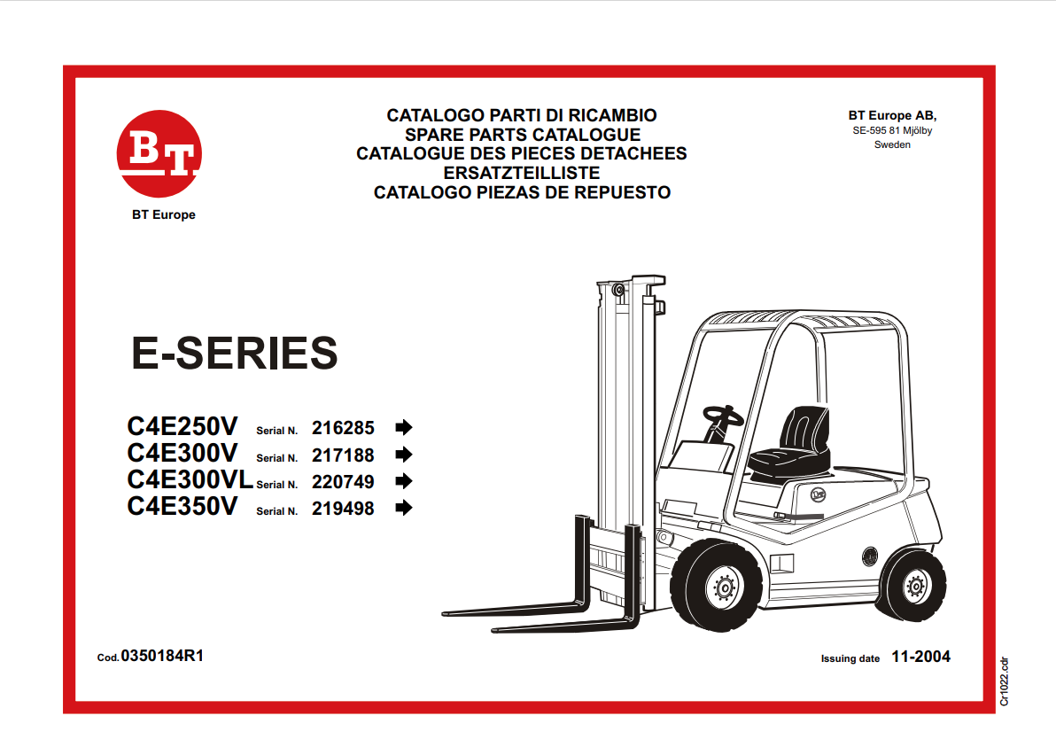 BT FORKLIFT E-SERIES C4E250V, C4E300V, C4E300VL, C4E350V PARTS CATALOGUE MANUAL PDF