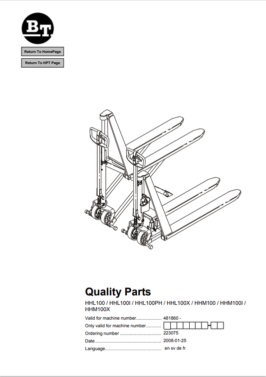 BT FORKLIFT HHL100, HHL100I, HHL100PH, HHL100X, HHM100, HHM100I, HHM100X QUALITY PARTS MANUAL PDF