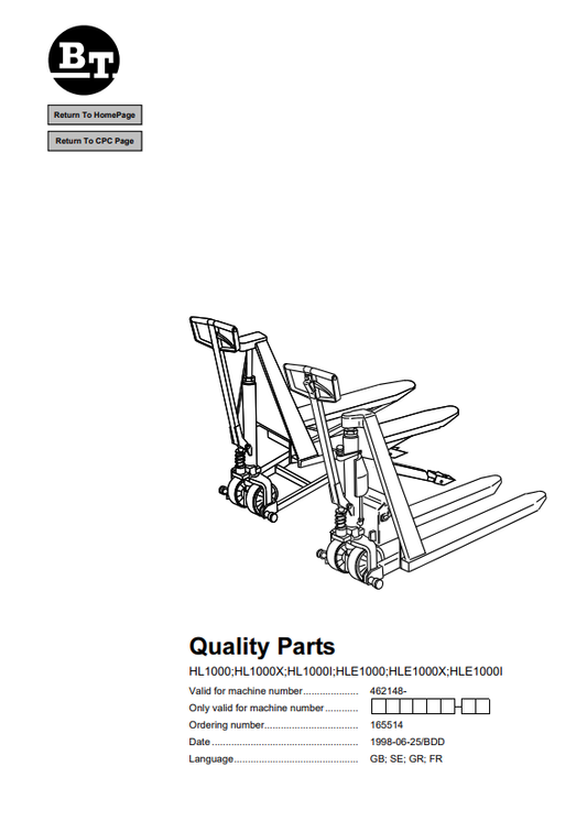 BT FORKLIFT HL1000, HL1000X, HL1000I, HLE1000, HLE1000X, HLE1000I PARTS MANUAL PDF