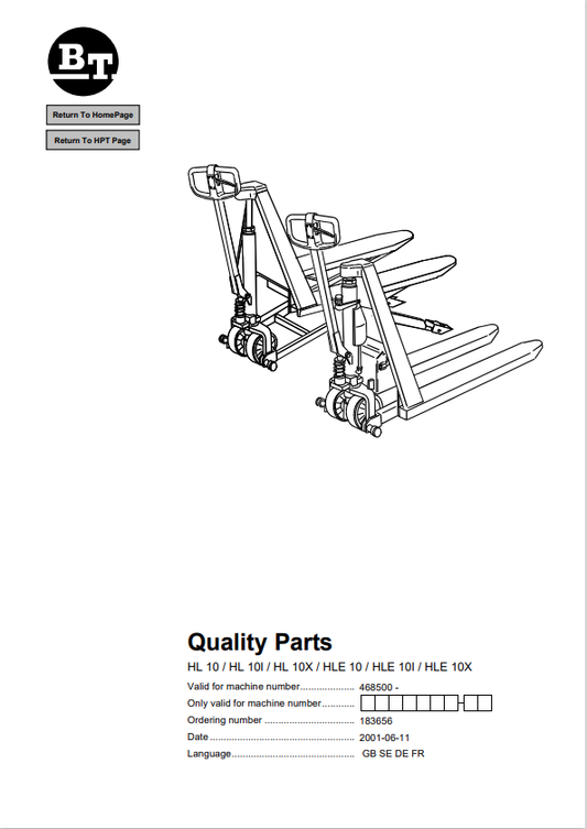BT FORKLIFT HL 10, HL 10I, HL 10X, HLE 10, HLE 10I, HLE 10X QUALITY PARTS MANUAL PDF