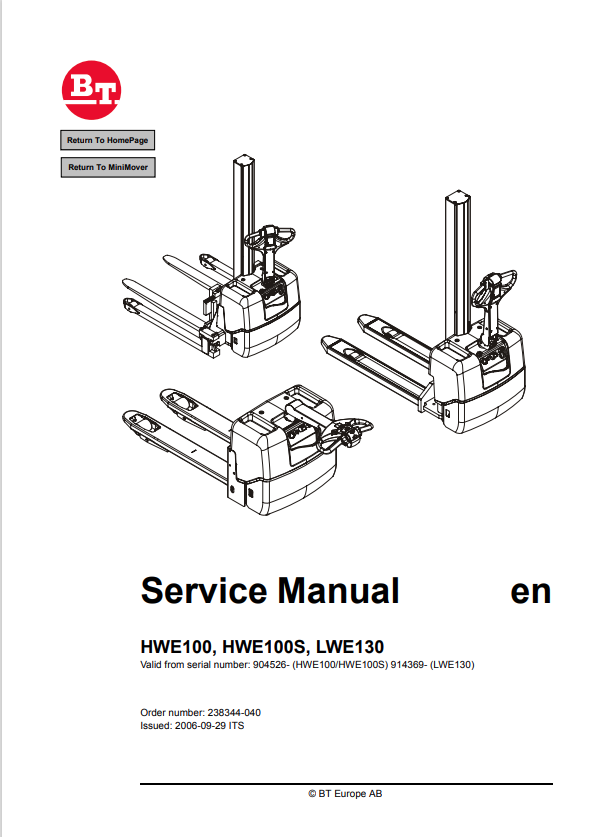 BT FORKLIFT HWE100, HWE100S, LWE130 SERVICE MANUAL PDF