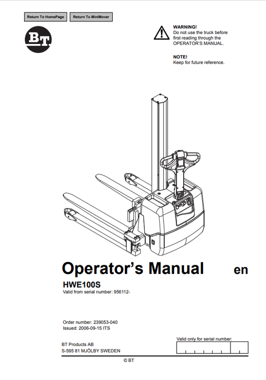BT FORKLIFT HWE100S OPERATOR MANUAL PDF