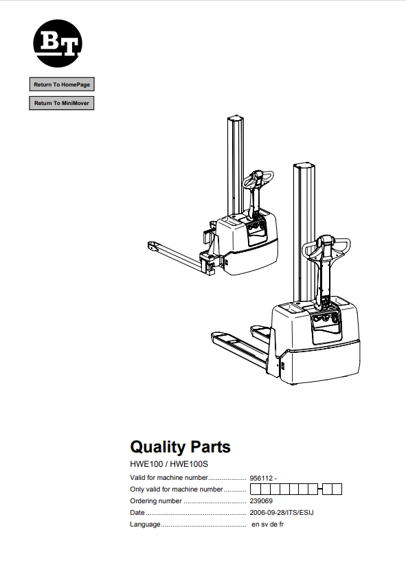 BT FORKLIFT HWE100, HWE100S PARTS MANUAL PDF