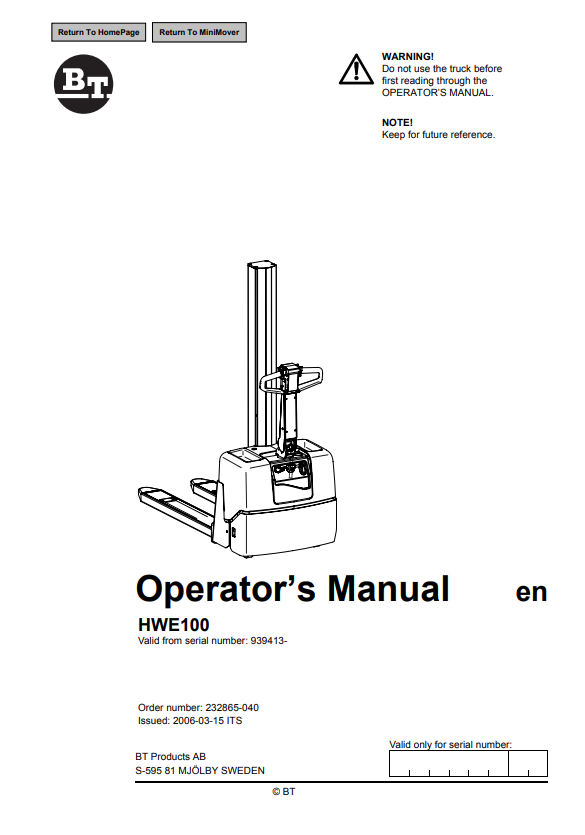 BT FORKLIFT HWE100 OPERATOR MANUAL PDF