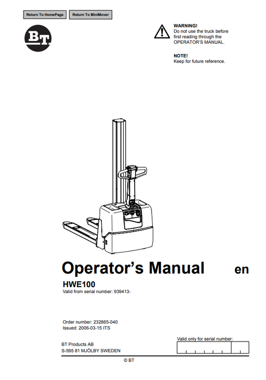 BT FORKLIFT HWE100 OPERATOR MANUAL PDF
