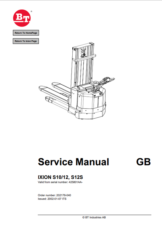 BT FORKLIFT IXION S10-12, S12S SERVICE MANUAL PDF