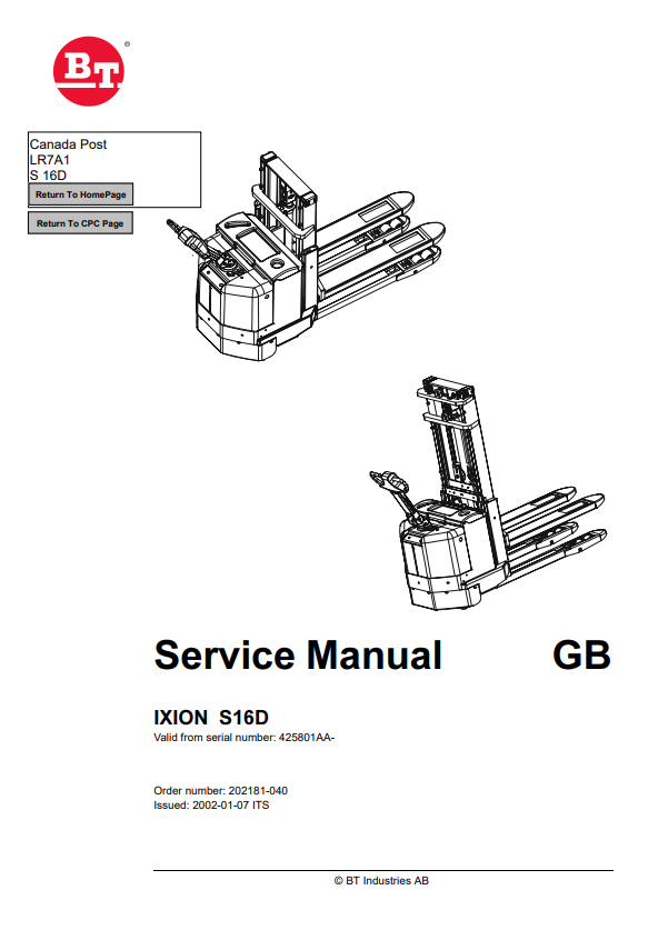 BT FORKLIFT IXION S16D SERVICE MANUAL PDF