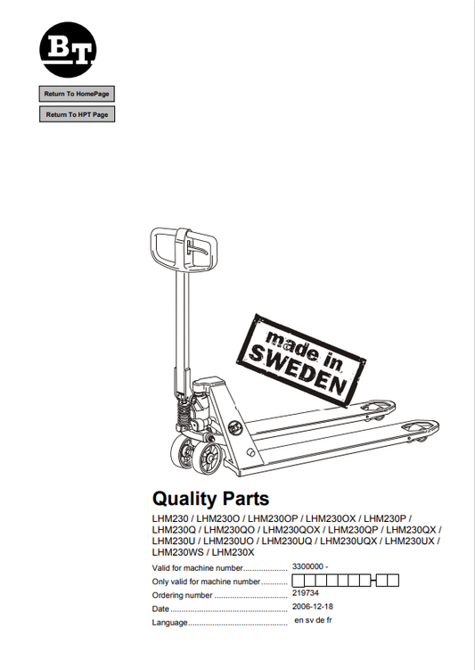 BT FORKLIFT LHM230, LHM230O, LHM230OP, LHM230OX, LHM230P, LHM230Q, LHM230QO, LHM230QOX, LHM230QP, LHM230QX, LHM230U, LHM230UO, LHM230UQ, LHM230UQX, LHM230UX, LHM230WS, LHM230X QUALITY PARTS MANUAL PDF