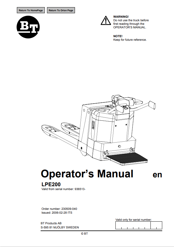 BT FORKLIFT LPE200 OPERATOR MANUAL PDF