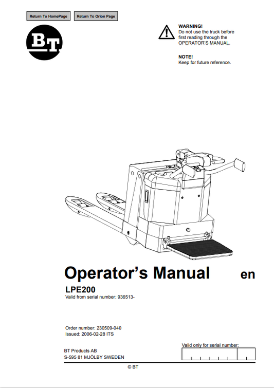 BT FORKLIFT LPE200 OPERATOR MANUAL PDF