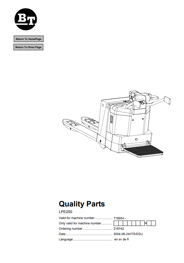 BT FORKLIFT LPE200 QUALITY PARTS MANUAL PDF