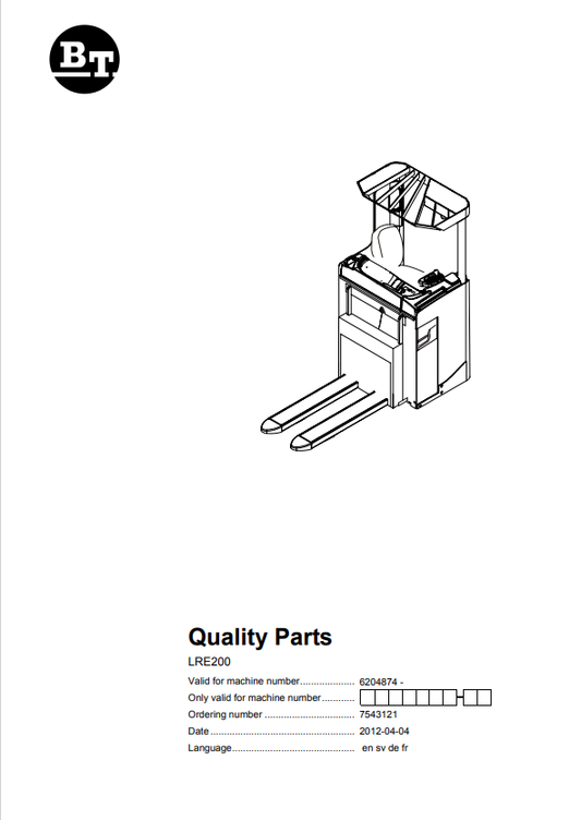 BT FORKLIFT LRE200 QUALITY PARTS MANUAL PDF