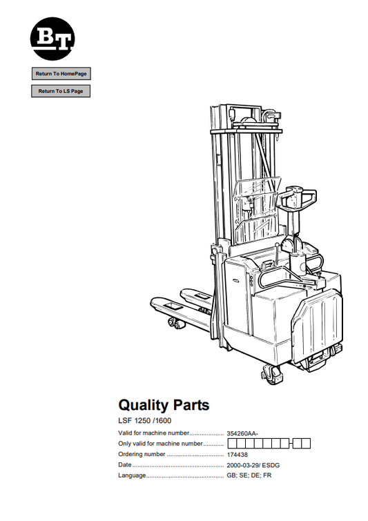 BT FORKLIFT LSF 1250, 1600 QUALITY PARTS MANUAL PDF