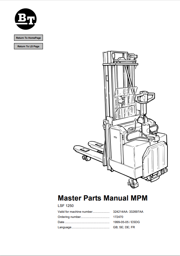 BT FORKLIFT LSF 1250 QUALITY PARTS MANUAL PDF