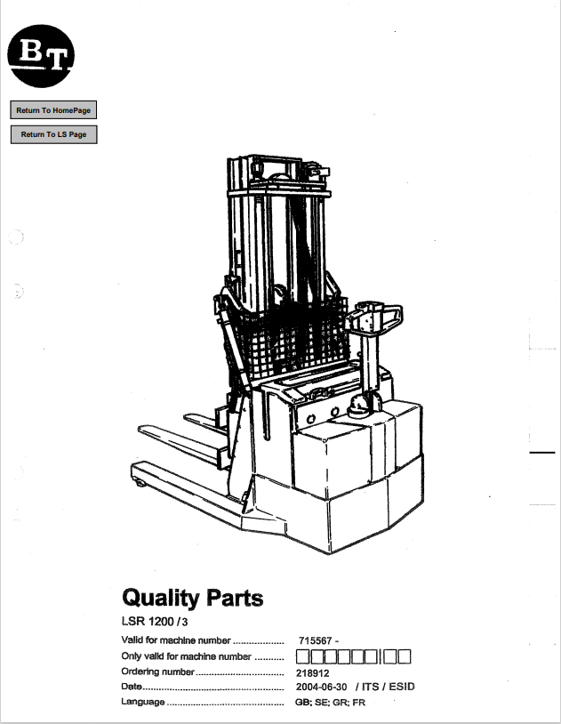 BT FORKLIFT LSR 1200, 3 QUALITY PARTS MANUAL PDF