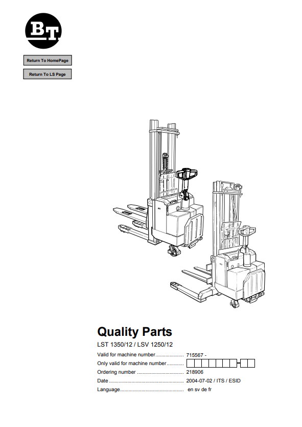 BT FORKLIFT LST 1350, 12, LSV 1250, 12 QUALITY PARTS MANUAL PDF