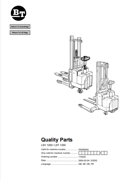 BT FORKLIFT LSV 1250, LST 1350 QUALITY PARTS MANUAL PDF
