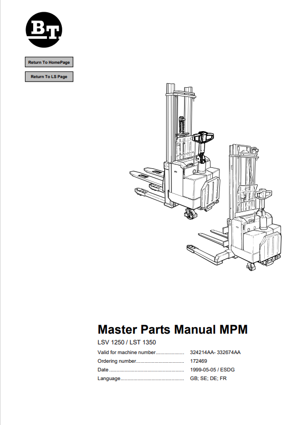 BT FORKLIFT LSV 1250, LST 1350 QUALITY PARTS MANUAL PDF