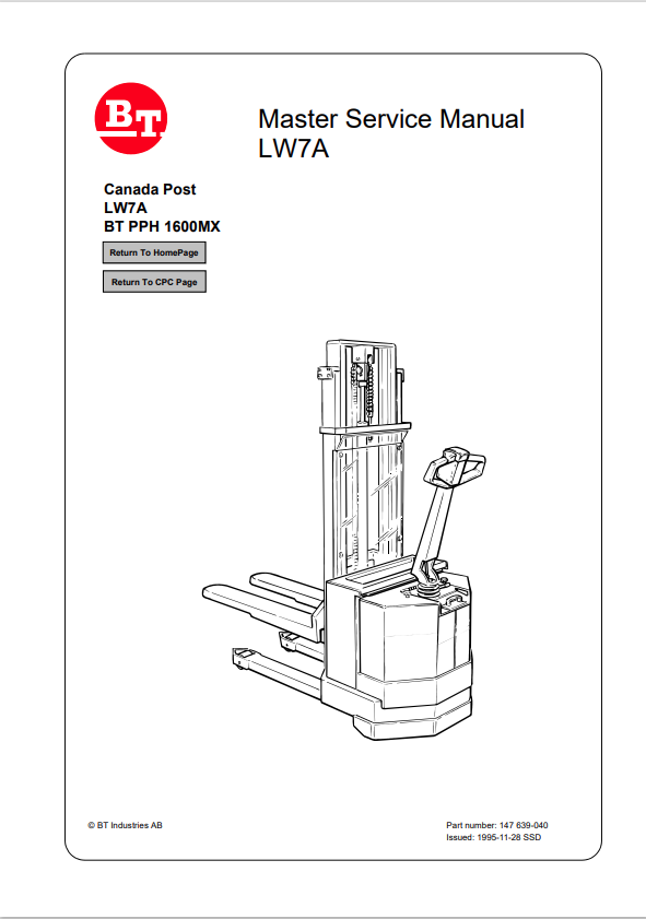 BT FORKLIFT LW7A BT PPH 1600MX SERVICE MANUAL PDF