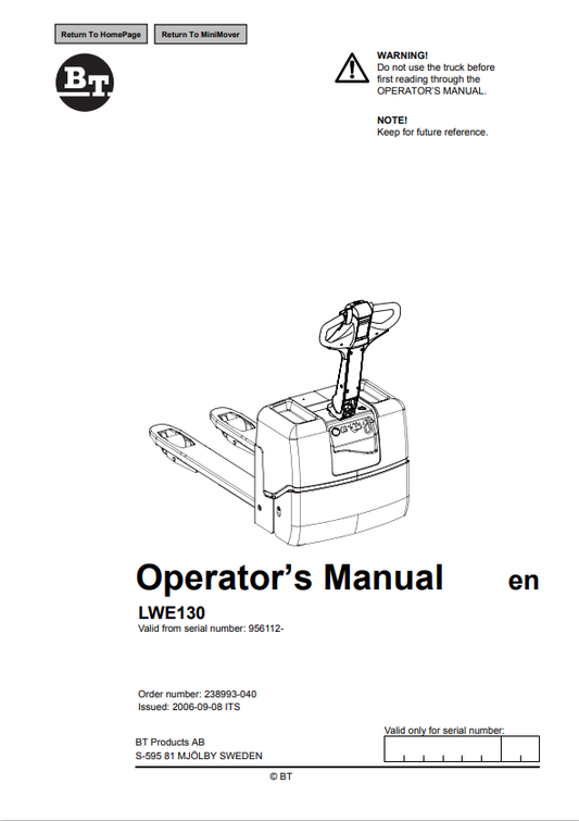 BT FORKLIFT LWE130 OPERATOR MANUAL PDF