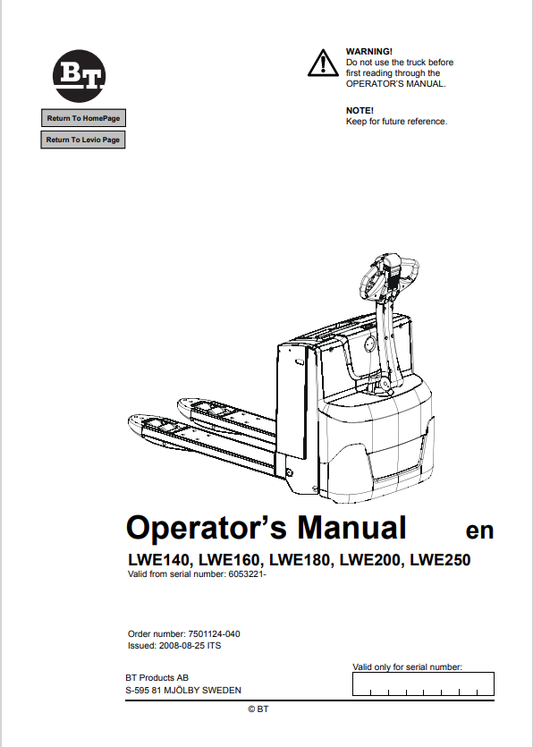 BT FORKLIFT LWE140, LWE160, LWE180, LWE200, LWE250 OPERATOR MANUAL PDF