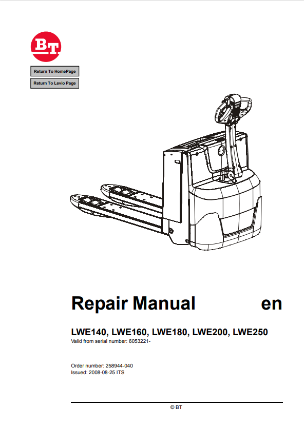 BT FORKLIFT LWE140, LWE160, LWE180, LWE200, LWE250 REPAIR MANUAL PDF
