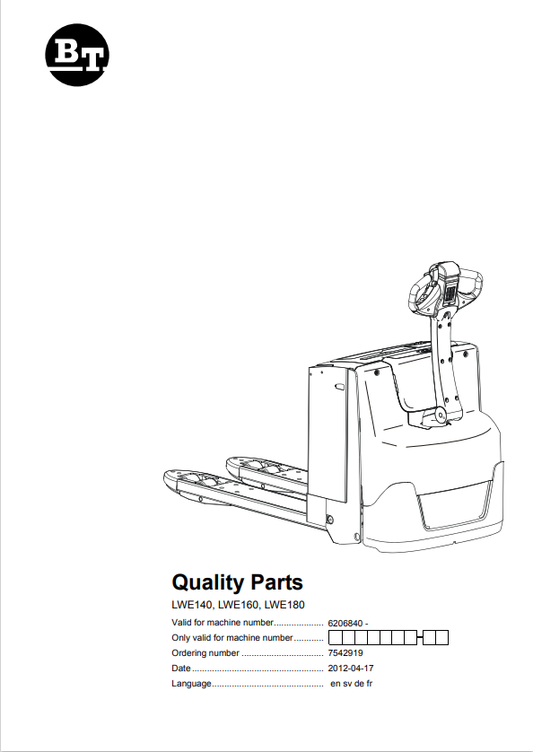 BT FORKLIFT LWE140, LWE160, LWE180 QUALITY PARTS MANUAL PDF