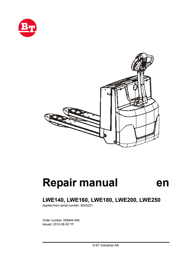 BT FORKLIFT LWE140, LWE160, LWE180, LWE200, LWE250 REPAIR MANUAL PDF
