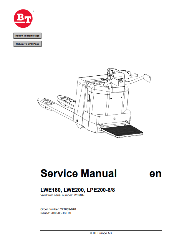 BT FORKLIFT LWE180, LWE200, LPE200-6/8 SERVICE MANUAL PDF
