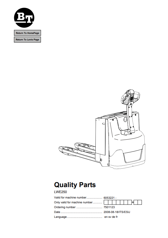 BT FORKLIFT LWE250 QUALITY PARTS MANUAL PDF