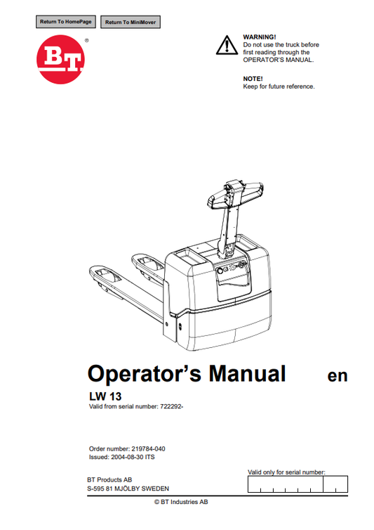 BT FORKLIFT LW 13 OPERATOR MANUAL PDF