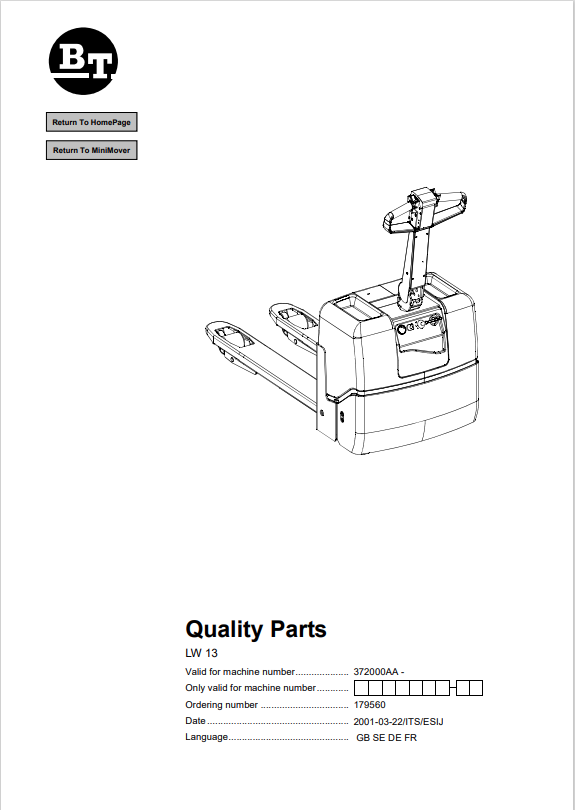 BT FORKLIFT LW 13 QUALITY PARTS MANUAL PDF