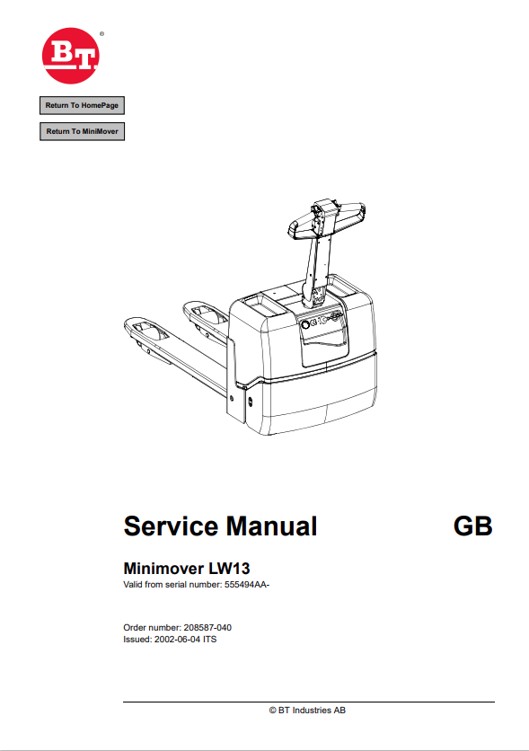 BT FORKLIFT MINIOVER LW13 SERVICE MANUAL PDF