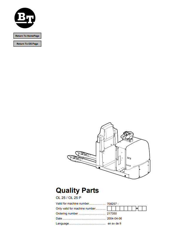 BT FORKLIFT OL 25, OL 25 P QUALITY PARTS MANUAL PDF