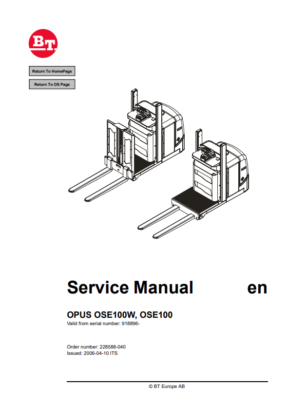 BT FORKLIFT OPUS OSE100W, OSE100 SERVICE MANUAL PDF