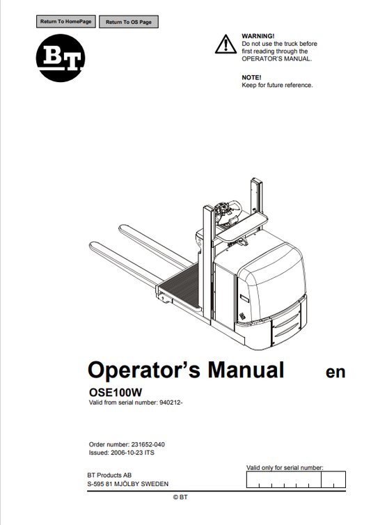 BT FORKLIFT OSE100W OPERATOR MANUAL PDF
